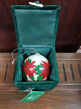 Hand Painted Glass Christmas Ornament Pointsettia In Green Velvety Box W/ Tag